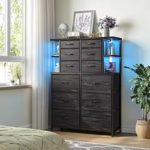 Bedroom Dresser with LED Lights, 12-Drawer Chest, Metal Frame, Black, 45.2' H x 35.4' W x 11.8' D