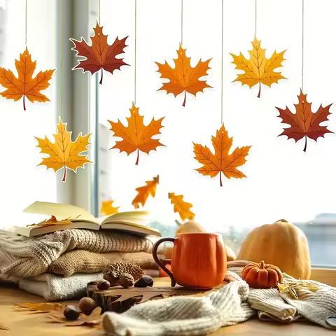 8pcs Autumn Thanksgiving Maple Leaf Hanging Decoration, Autumn Thanksgiving Pendant, Hanging Decorat
