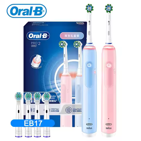 Oral B Pro2 2-in-1 Set Blue&Pink Electric Toothbrush 2 Handles 6 Brush Heads 1 Charger