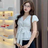 Taiwan Low Price-ELLA Women's Thick Top, V-Neck Puff Sleeves And Crosses, Fashionable Bow Tie AO