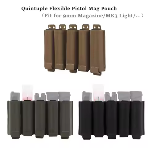 Tactical Molle Quintuple Flexible Pistol Mag Pouch Outdoor Hunting Tools Knife Pen Holder