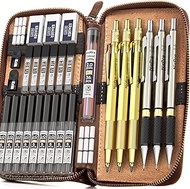 Nicpro 29PCS Art Mechanical Pencils Set Leather Case, Gold Metal Drafting Pencil 0.5, 0.7, 0.9 mm, 2