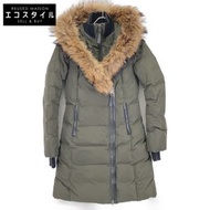Mackage ADALI 卡其色皮革滾邊無口袋貉子毛連帽羽絨服，XS 碼（二手）