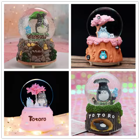 Crystal Ball Music Box Cartoon Totoro Flower Girl Birthady Gifts Glowing Snowflakes Music Box Home D