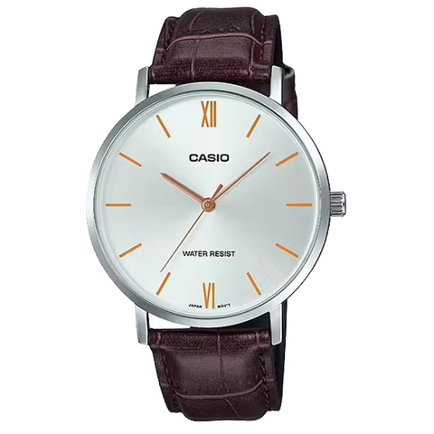 CASIO MTP-VT01L Quartz Watch for Men, Leather Band, Stainless Steel Case, 30M Waterproof, Slim Busin