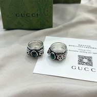 Gucci古馳純銀雙虎頭孔雀綠松石復古戒指