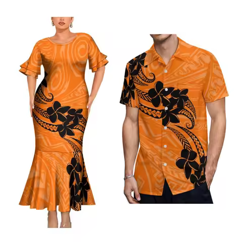 2025 High Quality Hawaiian Women'S Petal-Sleeve Dress Samoan Ethnic Evening Dress Polynesian Island 