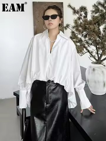 [EAM] Women White Back Long Irregular Big Size Blouse New V-Neck Long Sleeve Shirt Fashion Tide Spri