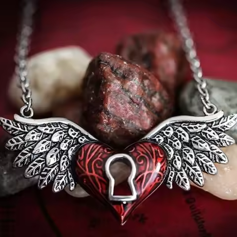 Vintage Gothic Red Heart Wing Pendant Necklace Trend Men and Women Motorcycle Punk Pendant Necklace 