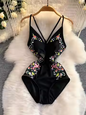 Women's Black Gothic V-Neck Embroidery Bodysuit Jumpsuits Overalls Y2k Swimwear Playsuits Vintage Em