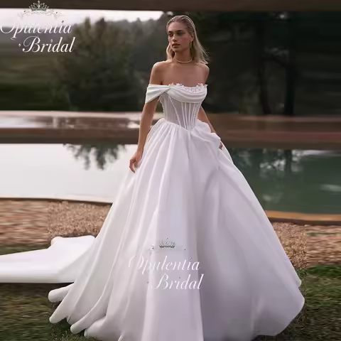 Opulentia Customized Off-Shoulder Elegant Wedding Dress A-Line Bridal Gown For Wedding Sleeveless Co