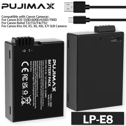 PUJIMAX 2100mAh LP-E8 LP E8 LPE8 Rechargeable Camera Battery with USB-C Input Canon EOS 550D 600D 65