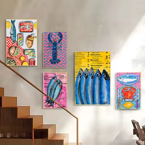 Colorful Sardine Lobster Fish Ocean Animal Sticky Poster Corridor wall Art Printing Waterproof Home 