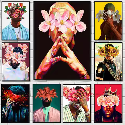 Abstract Rapper Star with Flowers Poster Canvas Oil Painting Tupac/Eminem/MJ Singer Music Wall Pictu
