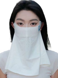 1入女性白色印花防曬口罩，高档、簡單透氣的防曬口罩，能覆蓋面部、頸部和眼部，防止紫外線，由冰絲製成，適用於旅行、騎自行車、度假和各種場合。