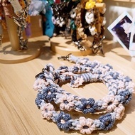 可調/全花固定長度雙色花花手機掛繩背帶-淺灰+莫蘭迪藍+藕粉