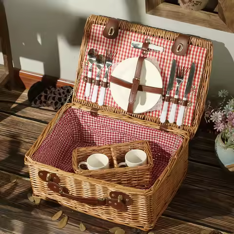 Picnic box basket ins with cutlery rattan basket storage basket picnic props outdoor camping full se