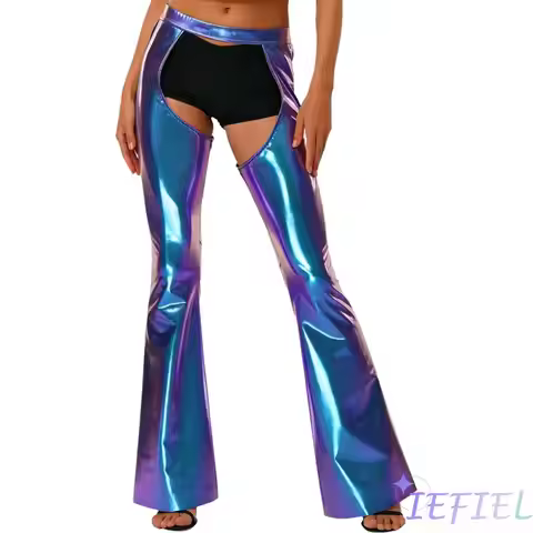 Womens Club Performance Pants Metallic Shiny Open Crotch Chaps Flared Bell Bottom Trousers Clubwear 