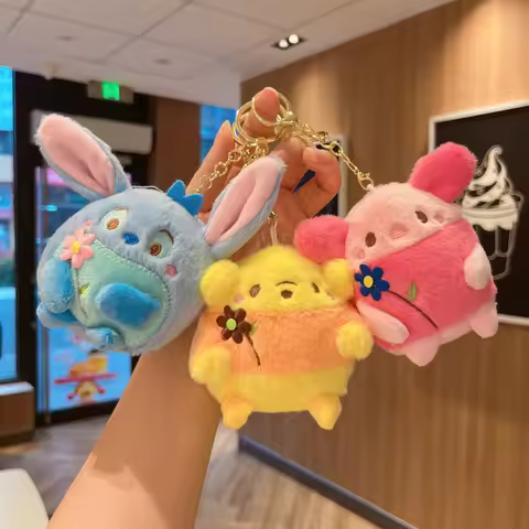 Cute Cartoon Stitch Winnie the Pooh Piglet Bunny Ear Soft Plush Keychain Disney Character Fluffy Key