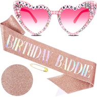 Birthday Baddie Sash and Sunglasses for Women, Hapdoo Rose Gold “BIRTHDAY BADDIE” Sash with Gold Foi