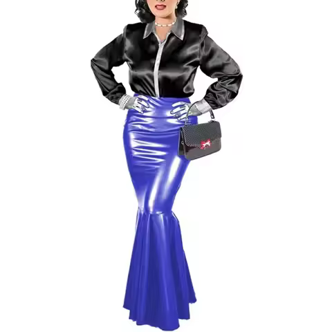 Plus Size High Waist Eleatic Bodycon Fishtail Floor-length Skirts Shiny PVC Hobble Skirt Elegant Wom