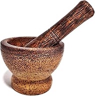 POPPIP H 3 x Diameter 3.5 "Thai Palm Wood Small Mortar and Pestle Set for Small Quantity Mixer Herbs Garlic Pepper Thai Handcraft Beautiful Mini Wooden Kitchen Tool Souvenir Gift