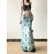 long skirt skirt printed floral Amyway [Mermaid Meiji] Garam Chakagu, layang-layang biru, percetakan