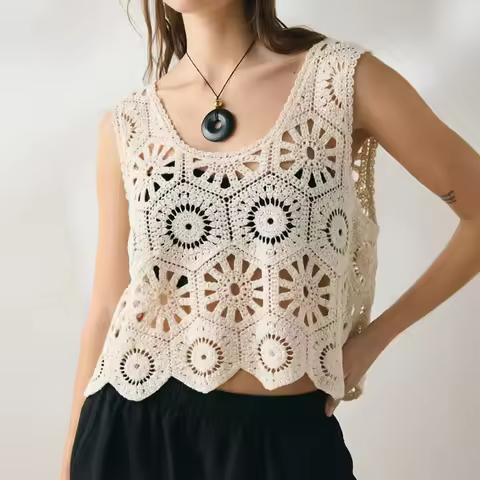 Granny Square Crochet Vest Boho Open Knit Tank Top for Women Sleeveless Lace Blouse Summer Boho Fest
