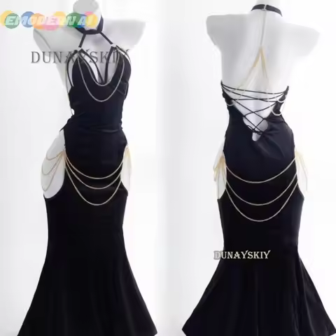 Anime Overlord Albedo Cosplay Costumes Glove Dress Wrapped Hip Open Crotch Fish Tail Skirt Black Mer