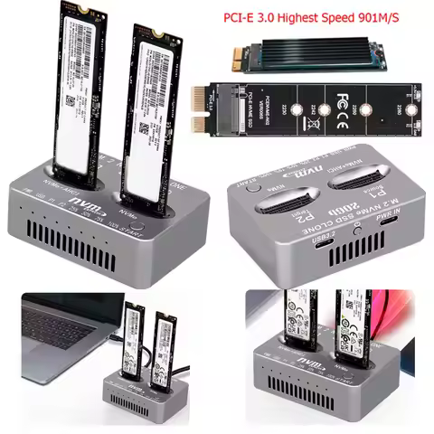 Dual-Bay M.2 NVME SSD Clone USB3.2 Type C External Hard Disk Box Gen2X 20Gbps M.2 SSD Enclosure M/B 