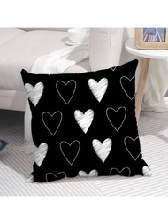 1片簡約黑白情感心型印花靠墊套,適用於家居沙發、床邊裝飾