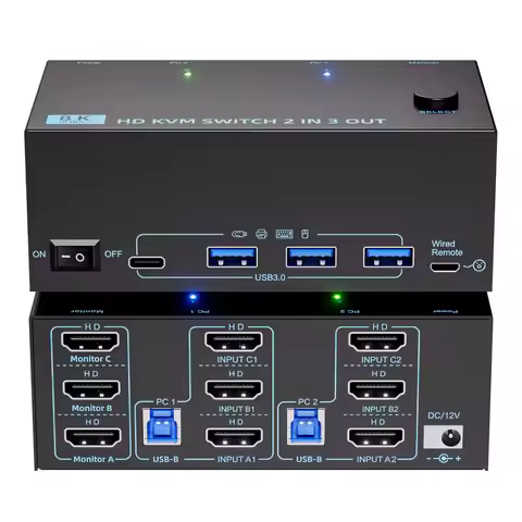 KVM switch 8K 3/2 monitor 2 computers dual HDMI PC Triple/dual monitor 8K@60Hz/4K@120Hz 2 inputs 3 o