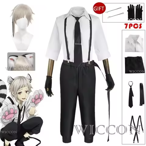 ♥Halloween Cosplay Costume BSD Atsushi Nakajima s Shirts Pants Set Anime Uniform Wig Christmas Party