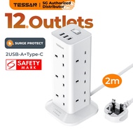 TESSAN - SG Safety Mark, 12 Ways Outlet Extension Multi Tower Plug with USB C Socket,Surge Protector