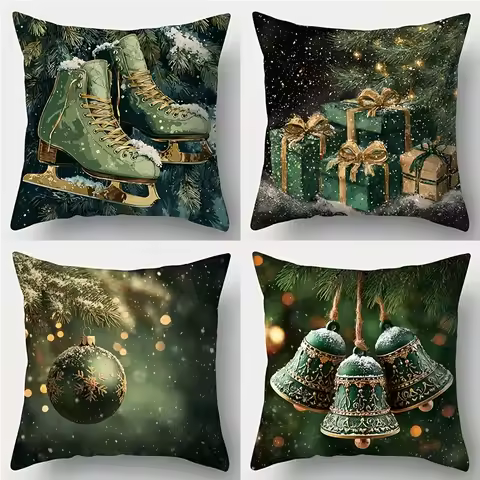 4-Piece 2D Printed Christmas Pillowcase Set – Green Theme with Ice Skates, Gifts, Ornaments & Bells