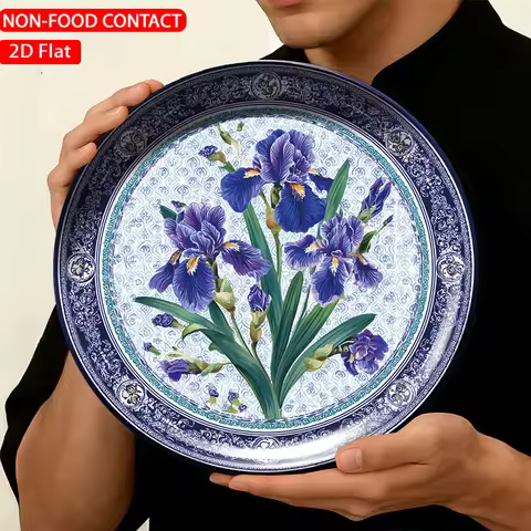 1pc FORJN Ceramic Decorative Plate - Blue Iris Round Wall Plate Suitable for Non-Food Contact, Elega