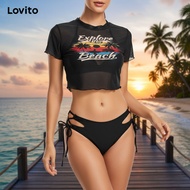 Lovito Boho Set Wanita Huruf Kontras Mesh Cut Out Bikini LBL19756