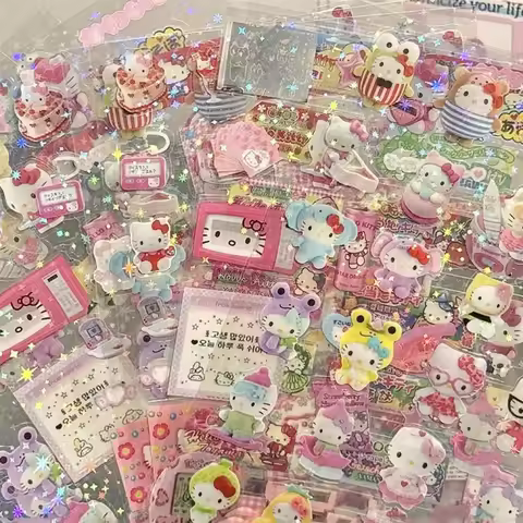 5pcs Lovely Hello Kitty Cartoon Die-cutting Sticker Cute Kitty Cat Flashing Laser Stickers Anime Han
