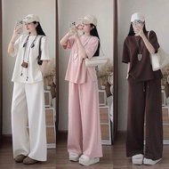 Umi Basic Plain Set Loose T-shirt with Slit Flap Mixed with Loose Long Straight Pants LOSY.STORE