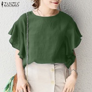 [ลดล้างสต๊อก] Esolo ZANZEA ชุดแขนบานมีระบายสำหรับผู้หญิงใส่ในฤดูร้อนเสื้อสตรีผ้าฝ้ายทรงหลวมเสื้อลำลองใส่ทำงานพื้นเสื้อ #24-4