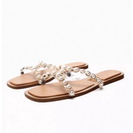 Zara2023 Summer New Style Women's Shoes Flat Heel Sandals Slippers Outer Wear Gold Pearl Inlaid Casual Flat Sandals