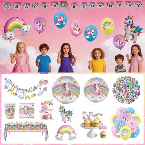 Unicorn Birthday Decoration Plates Napkins Cake Topper Unicorn Party Balloons Set Supplies Birthday 