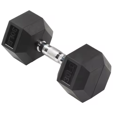 Rubber Encased Hex Dumbbell, Anti-Roll, Black, 30 lb, Assembled Product Weight, Single