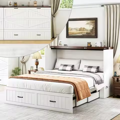 Queen Murphy Bed with Storage & Charging Station, Farmhouse Murphy Cabinet Bed with Large Drawer, Hi