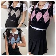 WOMAN ARGYLLE CROPTOP SLIM KNIT VEST KOREAN STYLE KNIT VEST Wanita