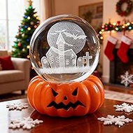 ZEERSHEE 3D Haunted House Crystal Ball with LED Resin Stand 60mm Glass Ball Decor with Pumpkin Night