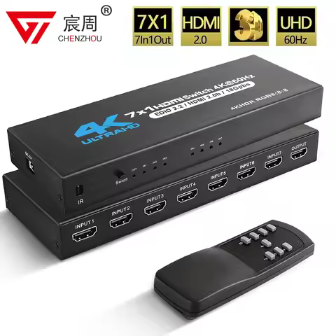7 Port HDMI Switch 2.0 4K@60Hz 7x1 HDMI 2.0 Switcher With IR Remote Audio Video Converter 7 in 1 out