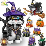 HUIQIBAO Halloween Wizard Cat Dog Ghosts Pumpkin Houses Model Building Block DIY Haunted House Bat B
