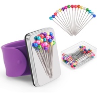 Gelang Tangan Pincushion Magnetik Ungu 9.5" dengan 100 Keping Set Pin Jahit Berkepala Bola Berwarna-