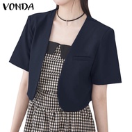 VONDA Women Korean Daily V-Neck Short-Sleeve H-Line Loose Blazer